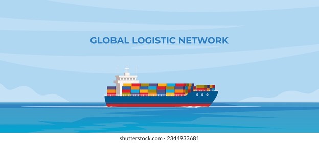 Cargo ship with containers in the ocean. Delivery, shipping freight transportation. Global logistic network. Import, export. Vector illustration