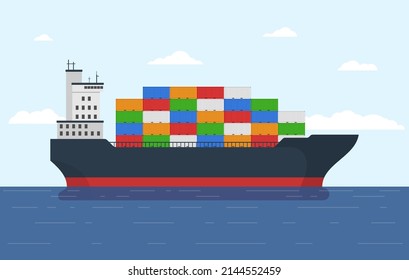 Cargo ship with containers in ocean. Freight transport with loaded container ship. Import and export maritime logistic service. International delivery concept. Vector illustration