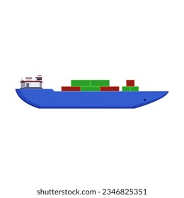 Barco de carga con contenedores sobre fondo blanco. Vista lateral de la ilustración de la caricatura de la barcaza o de la portadora a granel. Cargo, concepto de envío
