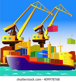 Cargo ship with containers in sea port, with cranes on the background. Vector illustration. All objects are located on separate layers.