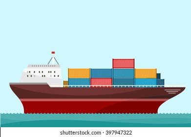 Cargo ship containers shipping. Delivery ship, cargo container, cargo truck, sea transport delivery, transportation delivery ocean, freight export delivery vector illustration