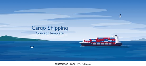 Cargo ship with containers. Transport and logistics service concept. Sea freight service. International transport industry. Vector illustration.