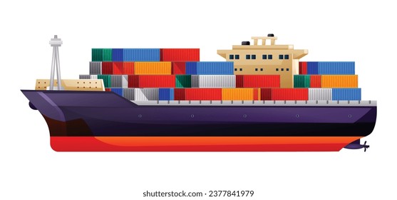 Cargo ship with containers vector illustration. Shipping freight transportation isolated on white background