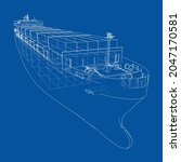 Cargo ship with containers. Vector rendering of 3d. Wire-frame style. The layers of visible and invisible lines are separated