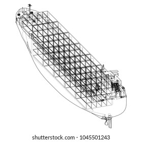 Cargo ship with containers. Vector rendering of 3d. Wire-frame style. The layers of visible and invisible lines are separated