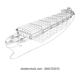 Barco de carga con contenedores. Representación vectorial de 3d. Estilo de marco de cables. Las capas de líneas visibles e invisibles están separadas