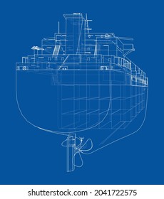 Cargo ship with containers. Vector rendering of 3d. Wire-frame style. The layers of visible and invisible lines are separated