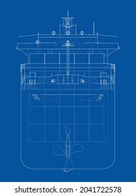 Cargo ship with containers. Vector rendering of 3d. Wire-frame style. The layers of visible and invisible lines are separated. Orthography or isometric
