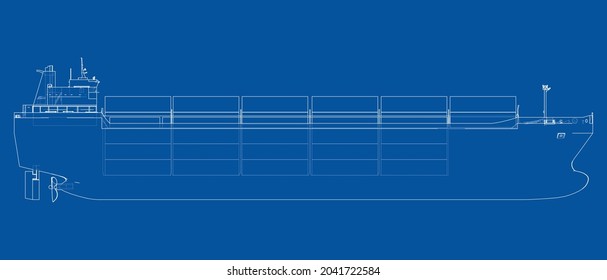 Cargo ship with containers. Vector rendering of 3d. Wire-frame style. The layers of visible and invisible lines are separated. Orthography or isometric