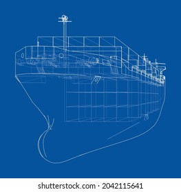 Cargo ship with containers. Vector rendering of 3d. Wire-frame style. The layers of visible and invisible lines are separated