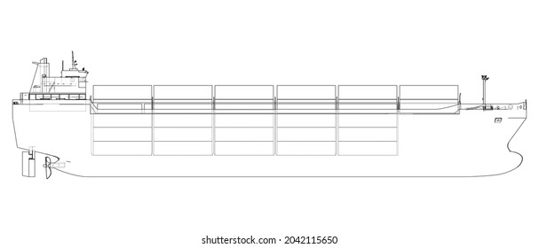 Cargo ship with containers. Vector rendering of 3d. Wire-frame style. The layers of visible and invisible lines are separated. Orthography or isometric