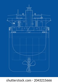 Barco de carga con contenedores. Representación vectorial de 3d. Estilo de marco de cables. Las capas de líneas visibles e invisibles están separadas. Ortografía o isométrica