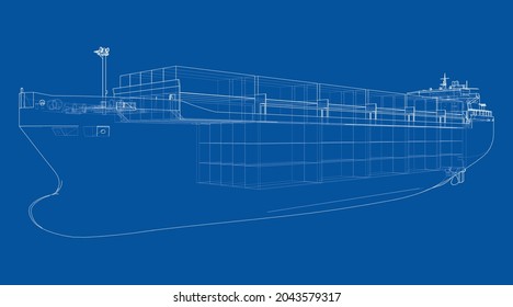 Cargo ship with containers. Vector rendering of 3d. Wire-frame style. The layers of visible and invisible lines are separated