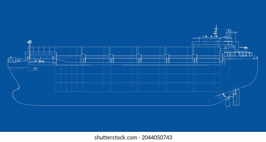 Cargo ship with containers. Vector rendering of 3d. Wire-frame style. The layers of visible and invisible lines are separated. Orthography or isometric