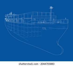 Barco de carga con contenedores. Representación vectorial de 3d. Estilo de marco de cables. Las capas de líneas visibles e invisibles están separadas