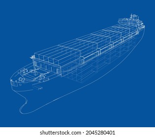 Cargo ship with containers. Vector rendering of 3d. Wire-frame style. The layers of visible and invisible lines are separated