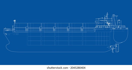 Barco de carga con contenedores. Representación vectorial de 3d. Estilo de marco de cables. Las capas de líneas visibles e invisibles están separadas. Ortografía o isométrica