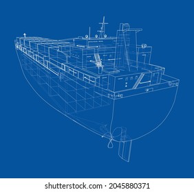 Barco de carga con contenedores. Representación vectorial de 3d. Estilo de marco de cables. Las capas de líneas visibles e invisibles están separadas