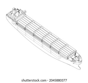 Cargo ship with containers. Vector rendering of 3d. Wire-frame style. The layers of visible and invisible lines are separated. Orthography or isometric