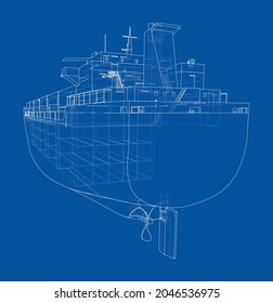 Cargo ship with containers. Vector rendering of 3d. Wire-frame style. The layers of visible and invisible lines are separated