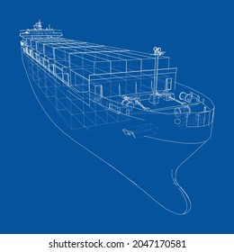 Frachtschiff mit Containern. Vektorgrafik von 3d. Wire-Frame-Stil. Die Schichten sichtbarer und unsichtbarer Linien sind getrennt