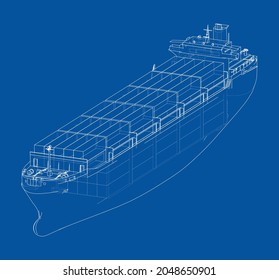 Barco de carga con contenedores. Representación vectorial de 3d. Estilo de marco de cables. Las capas de líneas visibles e invisibles están separadas. Ortografía o isométrica