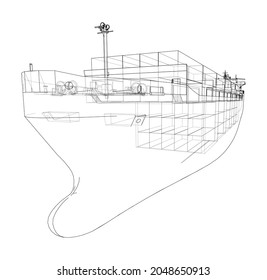 Cargo ship with containers. Vector rendering of 3d. Wire-frame style. The layers of visible and invisible lines are separated