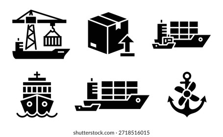 Buque de carga y grúa con contenedor, caja de envío y entrega marítima. Embarcación de carga frontal con ancla. Vector para el diseño marítimo.