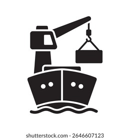 Ícone de navio de carga e grua para logística marítima e transporte internacional representando transporte de carga e carregamento de contêiner em um vetor de porto ícone de glifo sólido