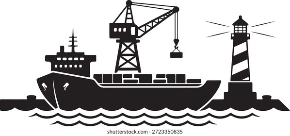Barco de carga con grúa y ondas de faro