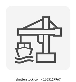 Cargo ship and crane at port vector icon design on white background.
