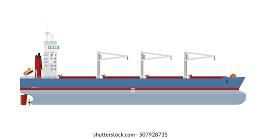 Cargo ship with cranes isolated on white background. Freight tanker or cargo ship side view. Commercial freight ship in flat design