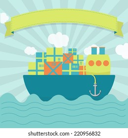 Cargo ship. Cute cargo ship carrying parcels and goods. Blank ribbon for insert text.