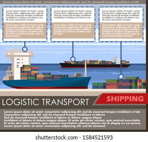 Cargo ship at the dock. Vector. Poster for logistics transport company. There is space for texts about large and small ships, about cargo in the dock, a General description of sea freight.