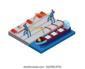 a cargo ship docked at a port, with large cranes loading containers onto the vessel isometric 3d vector illustration