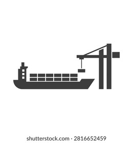 Cargo ship and dockside crane silhouette on a white background