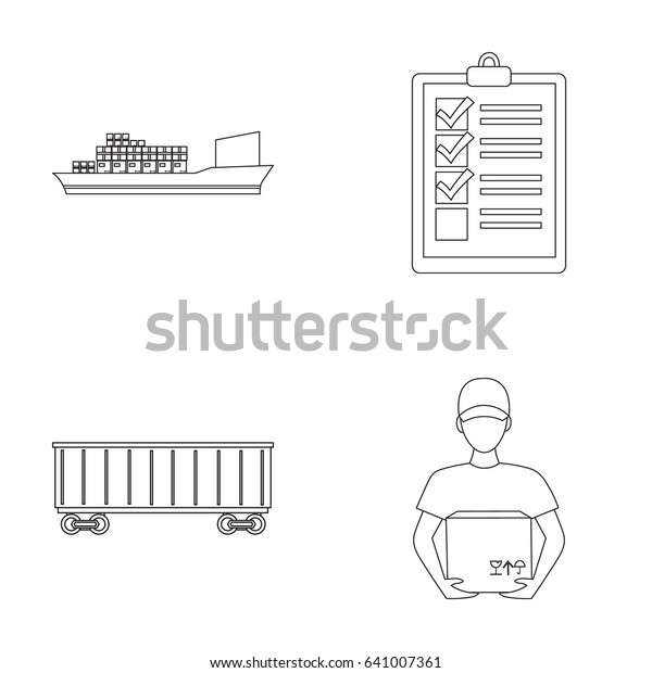 Cargo ship, documents, railway car, courier with\
box.Logistic set collection icons in outline style vector symbol\
stock illustration web.