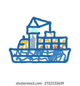 Frachtschiff-Zeichnung mit gestapelten Containern an Deck navigieren offenes Meer, minimalistische Linie Kunst Symbol für globale Logistik, Seeverkehr, Fracht und Supply Chain Commerce