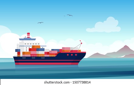 Cargo ship flat vector illustration. Container vessel, merchant marine. Shipbuilding industry. Products export and import. Logistics and distribution. Delivery service. Water freight transportation