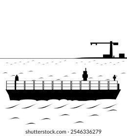 El barco de carga con carga está flotando, en el fondo un puerto con una grúa.