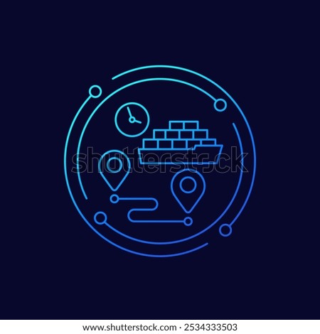 cargo ship, freight shipping time icon, shipment delay linear design