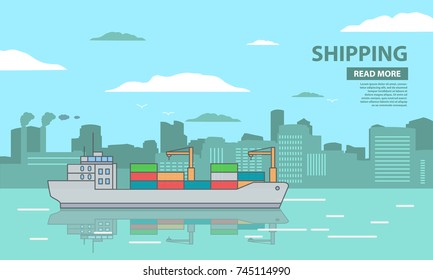 Cargo ship freighter container carrier the crane.City port buildings and factories pipes.Sea landscape of the harbor. Flat in a vector.Delivery and maritime shipping transportation logistic vessel


