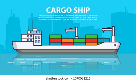 Cargo ship. Freighter shipping. Delivery of goods. Flat line art vector. Concept of design of a banner logistics merchant marine.City skyline skyscrapers.