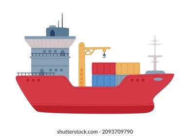 Cargo Ship or Freighter as Watercraft or Swimming Water Vessel Vector Illustration