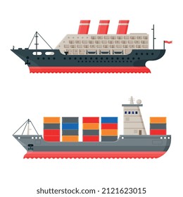 Cargo Ship or Freighter as Watercraft or Swimming Water Vessel Vector Set