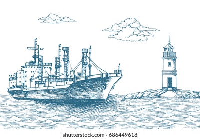 Cargo ship "Frio Forwin", reefer. "Tokarevskiy lighthouse" in Vladivostok. Clouds in the sky.  Sea. It can be used on the web site or in the design of postcards, leaflets and other printed products