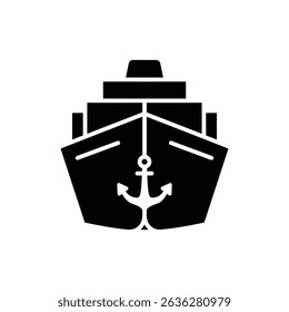 Cargo ship front view with anchor on ocean water background