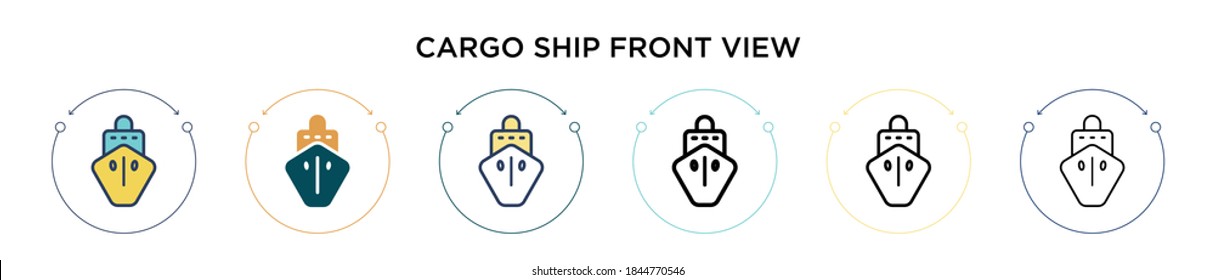 Cargo ship front view icon in filled, thin line, outline and stroke style. Vector illustration of two colored and black cargo ship front view vector icons designs can be used for mobile, ui, web