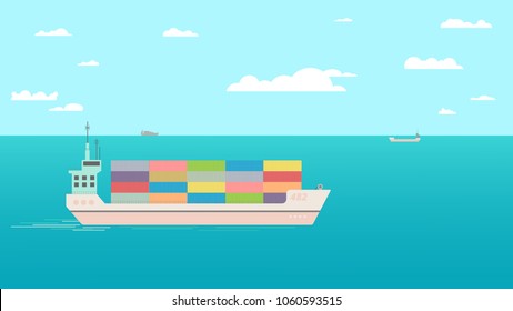 Cargo ship with full containers on the sea, side view.