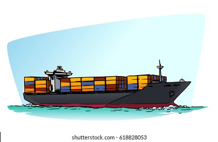 Cargo ship. Hand drawn sketch illustration